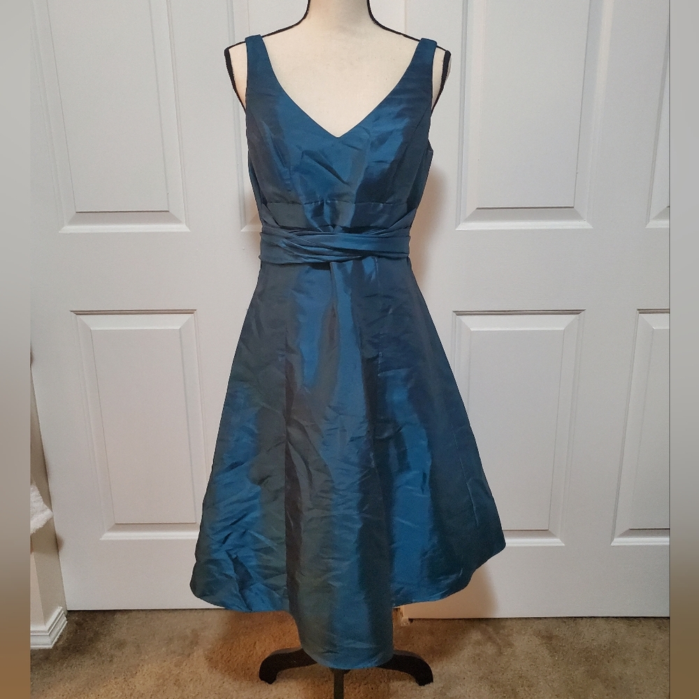 DAVIDS BRIDAL Teal Taffeta Fit and Flare Sleeveless Dress